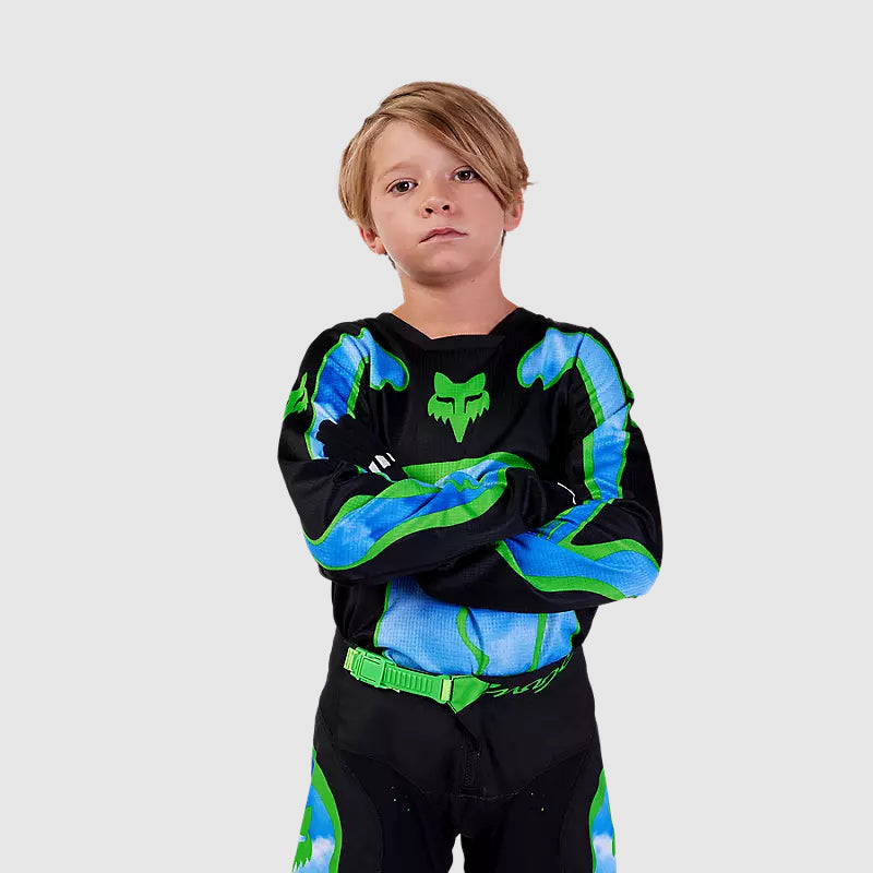 Polera Moto Niño 180 Atlas Celeste/Verde Fox