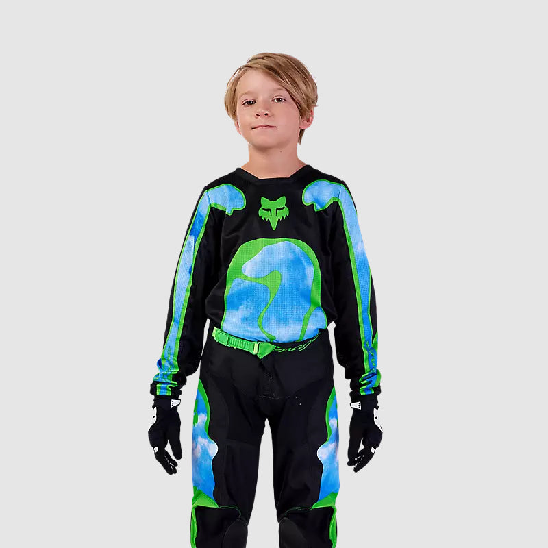 Polera Moto Niño 180 Atlas Celeste/Verde Fox