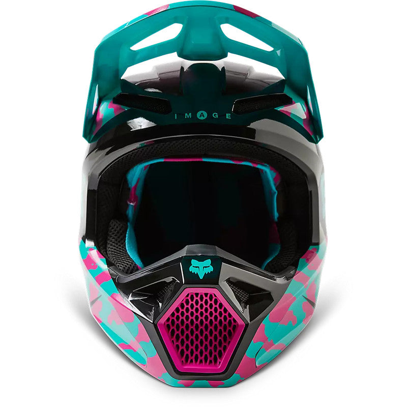 Casco Moto Niño V1 Nuklr Celeste/Rosado Fox